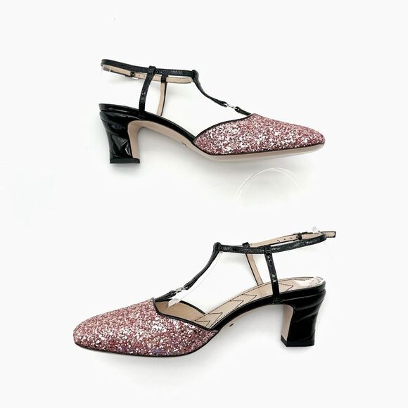 GUCCI Pink Glitter T-Strap Embellished Size 37.5 US 7.5 Leather GG Marmont - Picture 5 of 14